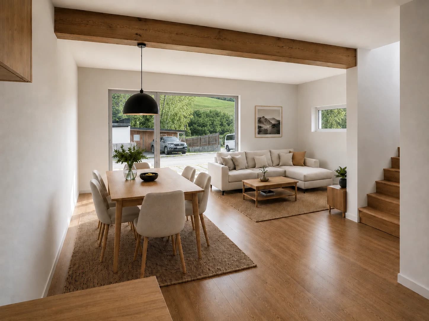 Wohn- und Essbereich mit Balken und Sofa